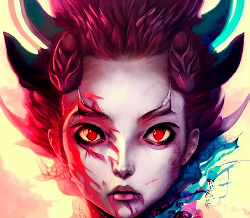 Prompt: a Demon Slayer FAN art portrait ofNezuko Demon form ,by Stanely Artgerm,Tom Bagshaw,arthur adams,Carne Griffiths,trending on DeviantArt,street art,face enhance,chillwave,maximalist,full of color,glittering