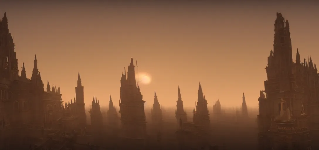 Prompt: A palace with a thousand long, thin spires of metal. Sunset. Thick atmosphere of fog. 4K. Many intrincate details.