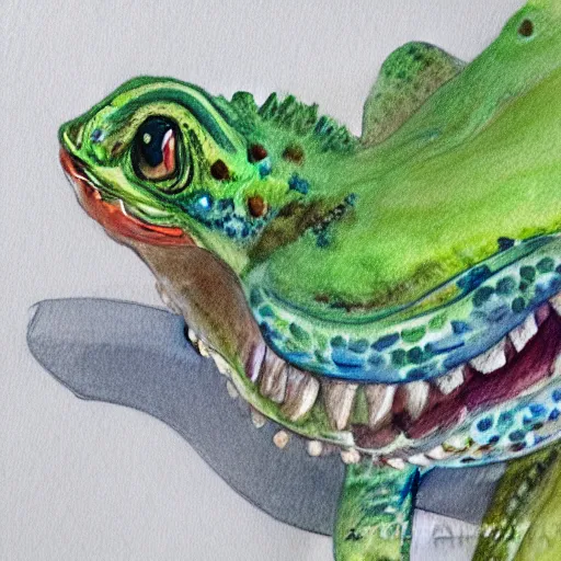 Prompt: watercolor and colored pencil drawing of herbert the happy lizard.