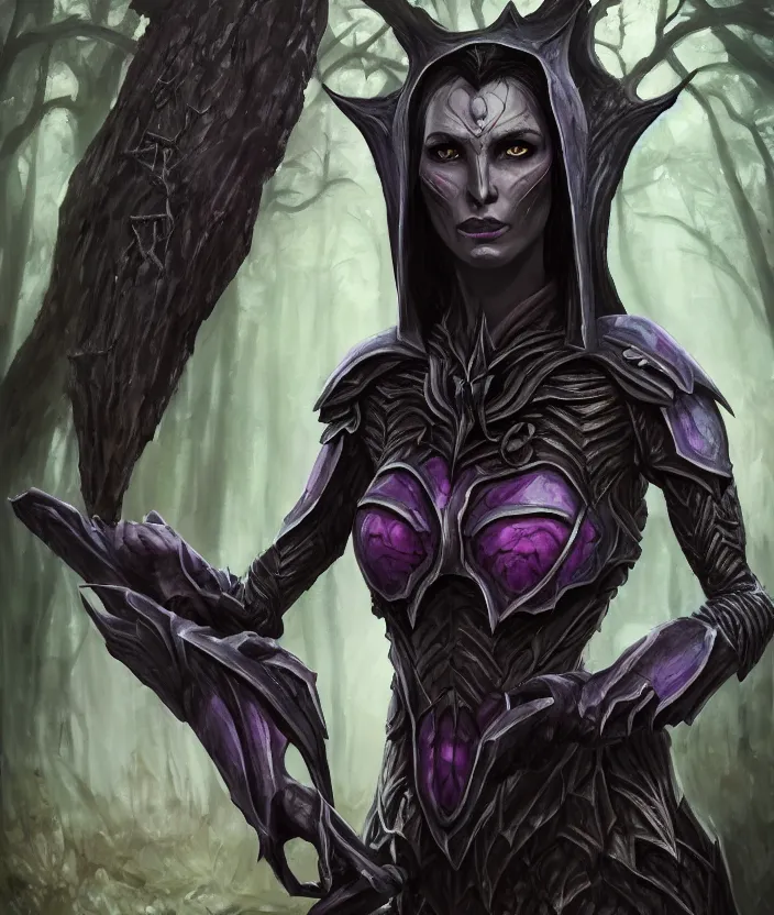 Image similar to a dark elf woman removes her daedric armor and prepares to set up camp by a stream in the woods, oil painting, aesthetic face, symmetrical face, magic, dark, gloomy, portrait, character portrait, concept art, symmetrical, 4 k, macro detail, realistic shadows, bloom, cosplay, dviant art