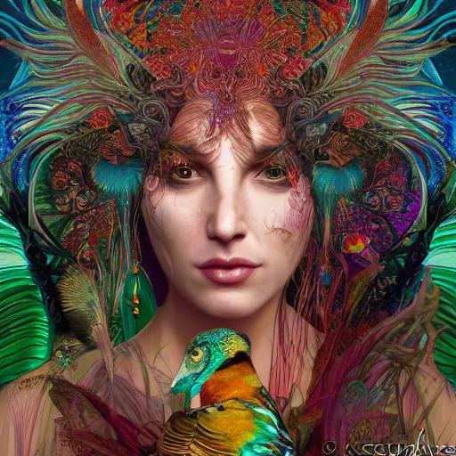 Prompt: A reality bending psychedelic ayahuasca experience, colorful, distorted, surreal, tropical bird feathers, dramatic lighting on the face, intricate lace, elegant fabric, highly detailed jewelry, digital painting, concept art, smooth, sharp focus, illustration, art by Krenz Cushart and Wayne Barlowe and alphonse mucha