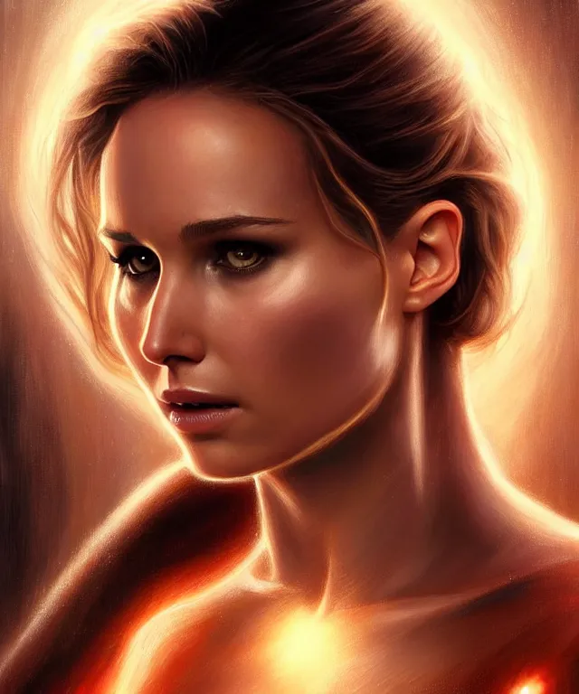 Image similar to half nathalie portman half Jennifer lawrence a fantasy magic woman portrait, sci-fi, amber eyes, face, long hair, fantasy, intricate, elegant, highly detailed, digital painting by Boticceli, artstation, concept art, smooth, sharp focus, illustration, art by artgerm and greg rutkowski and alphonse mucha