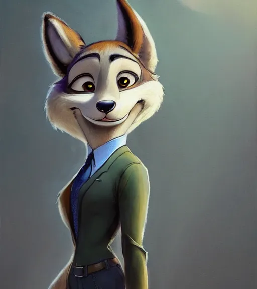 Image similar to oil painting of full body of anthromorphic female wolf, in style of zootopia, zootopia, zootopia, fursona, furry, furaffinity, 4 k, deviantart, furry art, fursona art, wearing black business suit, business suit, in style of zootopia, wolf fursona, cyberpunk, female, expressive detailed feminine face,