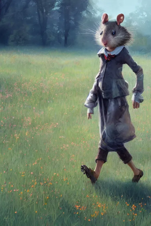 Image similar to a cute anthropomorphic rat girl wearing human clothes walking in a meadow, by craig mullins, detailed digital painting realism 8 k