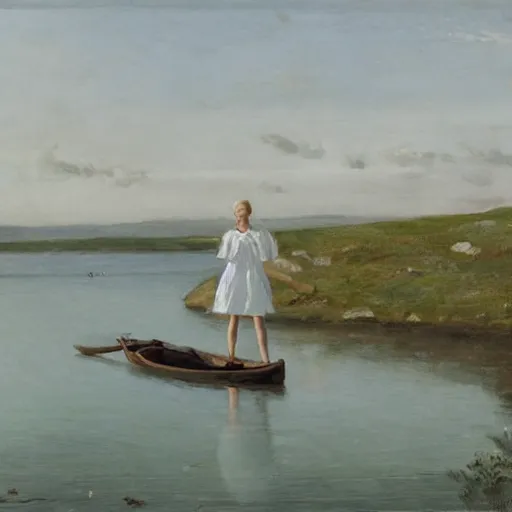 Image similar to a young woman wearing a white dress on a Swedish beach, a small rowboat is visible, in the style of zorn