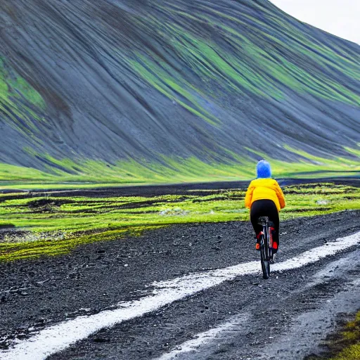 Prompt: A woman in north face clothes on a touring bike on a gravel road of Iceland. The bicycle has Vaude saddlebags.