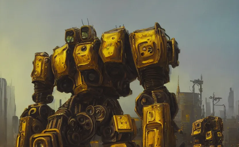 Prompt: an intricate oil painting of a giant armored plated metal mecha, croud, cars, by simon stalenhag, rust, yellow and black trim, trending on artstation, hdr, 8 k