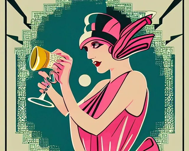 Image similar to 1 9 2 0 s teenager in art deco style, champagne commercial, artstation, illustration, bright, cheerful, detailed and intricate environment