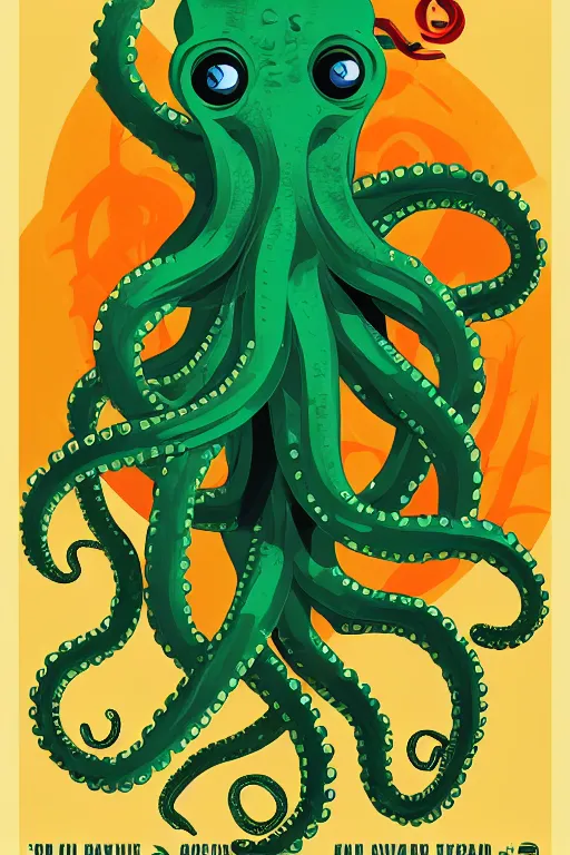 Image similar to a movie poster for the film (green octopus dancing with tentacles) by Tom Whalen, highly detailed, award winning creature portrait, fantasy, artstation