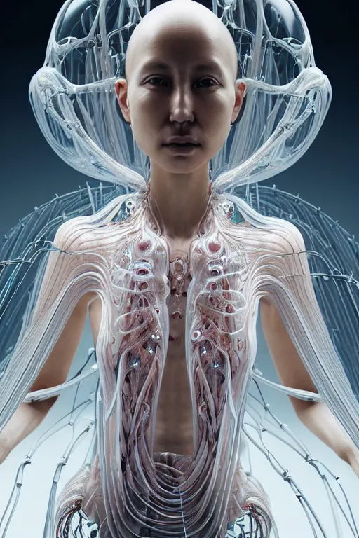 Prompt: iris van herpen, beautiful woman asian face, perfect symmetrical body, full body shot, inflateble shapes, wires, tubes, veins, jellyfish, white biomechanical details, wearing epic bionic cyborg implants, masterpiece, intricate, biopunk, vogue, highly detailed, artstation, concept art, cyberpunk, octane render