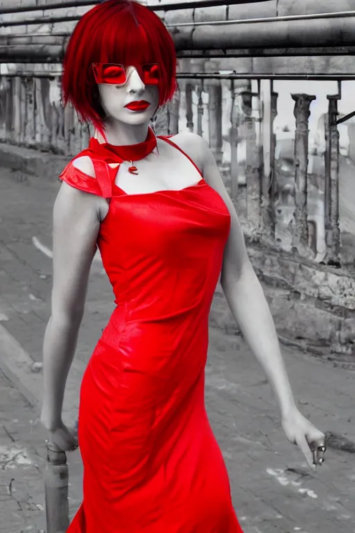 Prompt: beautiful girl in red dress cyberpunk style by johanna, martine