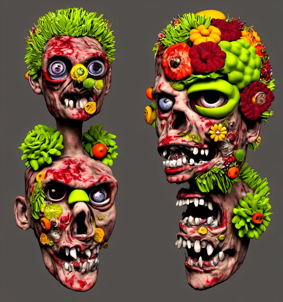 Prompt: portrait headshot of a zombie punk, head made of fruit and flowers in the style of arcimboldo, photorealistic, dynamic lighting, action figure, clay sculpture, claymation, soft multicolor background