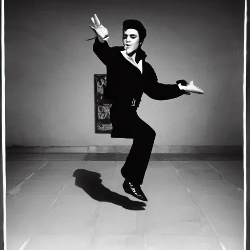 Image similar to black and white photograph of elvis dancing surrounded by teal aliens