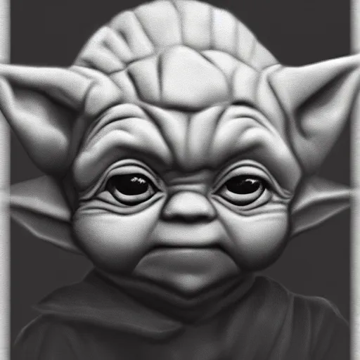 Image similar to Leonardo DaVinci grayscale pencil sketch of low polygon cute baby yoda