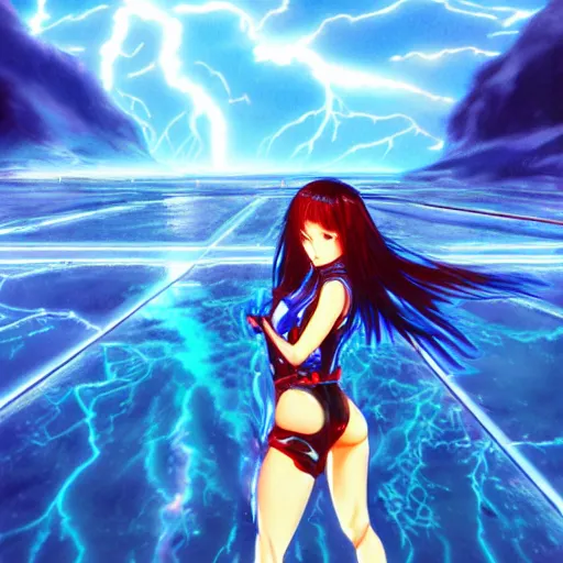 Prompt: digital anime!!, cyborg - girl standing in a azure blue crystal lake, lightning, raining!!, water refractions!!, black red long hair!, biomechanical details, neon background lighting, reflections, wlop, ilya kuvshinov, artgerm