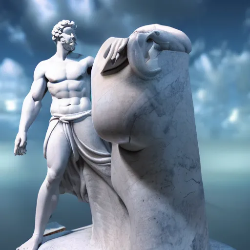 Image similar to unreal engine hyperreallistic render 8k marble statue of hercules vaporwave background