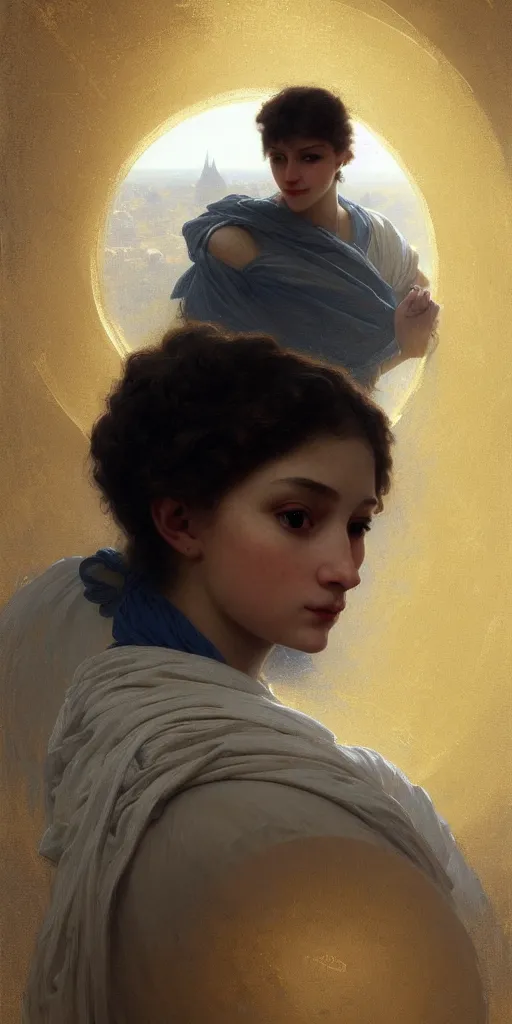 Prompt: highly detailed portrait of a semicircular bounded space surrounded by golden and blue magic powder, ultra wide angle, finer details : 3, by ian fisher and greg rutkowski - adolphe bouguereau trending on artstation, concept art, smooth, sharp focus, illustration.