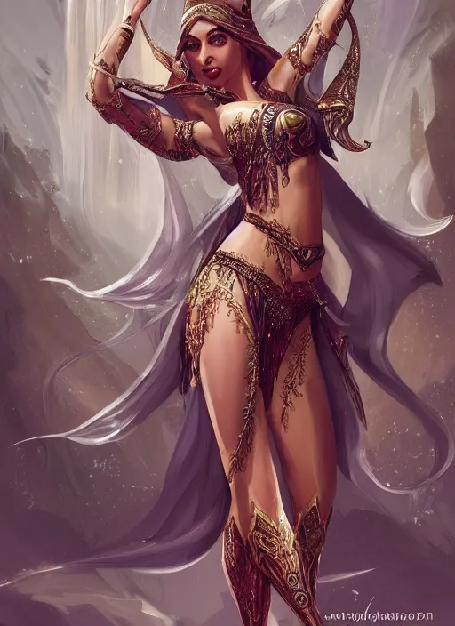 Image similar to a highly detailed illustration of an elegant elf arabian dancer, gracefully belly dancing pose, waving arms, high fantasy, intricate, elegant, highly detailed, centered, digital painting, artstation, concept art, smooth, sharp focus, league of legends concept art, WLOP