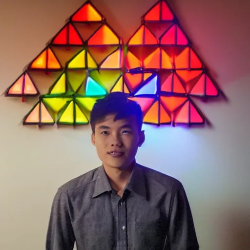 Image similar to a 2 6 year old vietnamese daytrader named jay standing proudly in front of triangular nanoleaf led lights on his wall