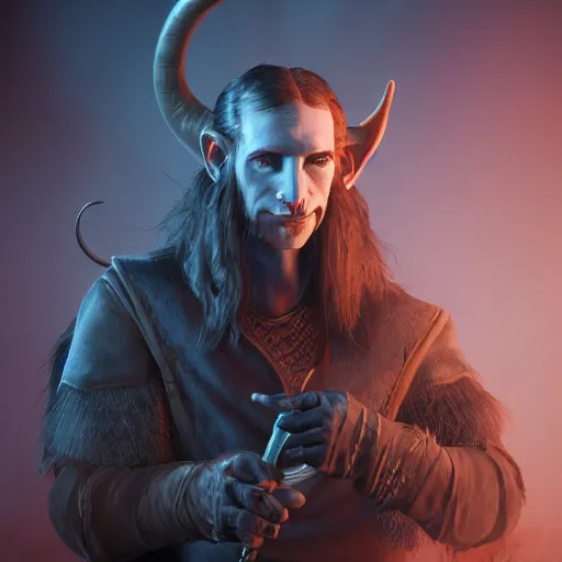 Prompt: an oil art portrait of young handsome pale bard tiefling, grim dark satyr wizard from gwent cards, young bard with music magic character design from rainbow six siege, 4 k, ultra detail, volumetric lighting, unreal engine, octane render