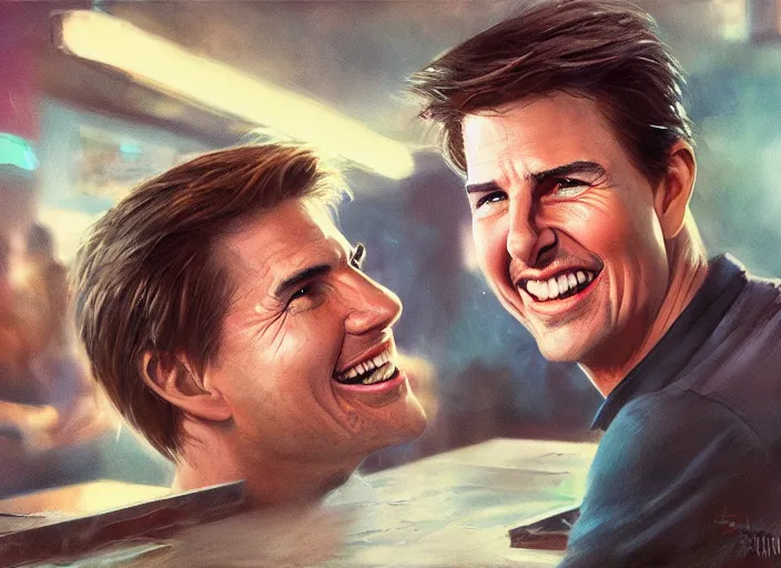 Image similar to hyper realistic tom cruise hanging out with tom cruise at a bar, all overly excited, jaw unhinged with laughter and smiling, all teeth, by greg rutkowski, artgerm, loish, pixar, 4 k, 8 k, masterpiece