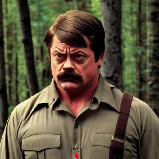 Prompt: Ron Swanson as Rambo, wearing red sweatband, high quality movie