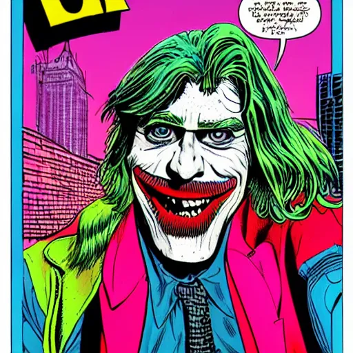 Image similar to dynamic macro head portrait of kurt cobain as the joker in by john romita sr and cory walker and ryan ottley and jack kirby and barry windsor - smith, comic, illustration, photo real