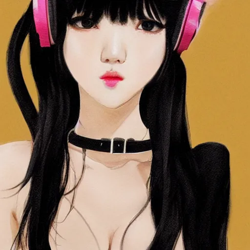 Image similar to realistic beautiful gorgeous natural cute Blackpink Lalisa Manoban black hair cute fur black cat ears, wearing white camisole, headphones, black leather choker artwork drawn full HD 4K highest quality in artstyle by professional artists WLOP, Taejune Kim, Guweiz on Pixiv Artstation