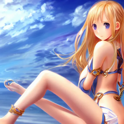 Image similar to a very beautiful young yuuki asuna, full body, long wavy blond hair, sky blue eyes, full round face,, shiny golden bikini, miniskirt, front shot, highly detailed, cinematic wallpaper by stanley artgerm lau