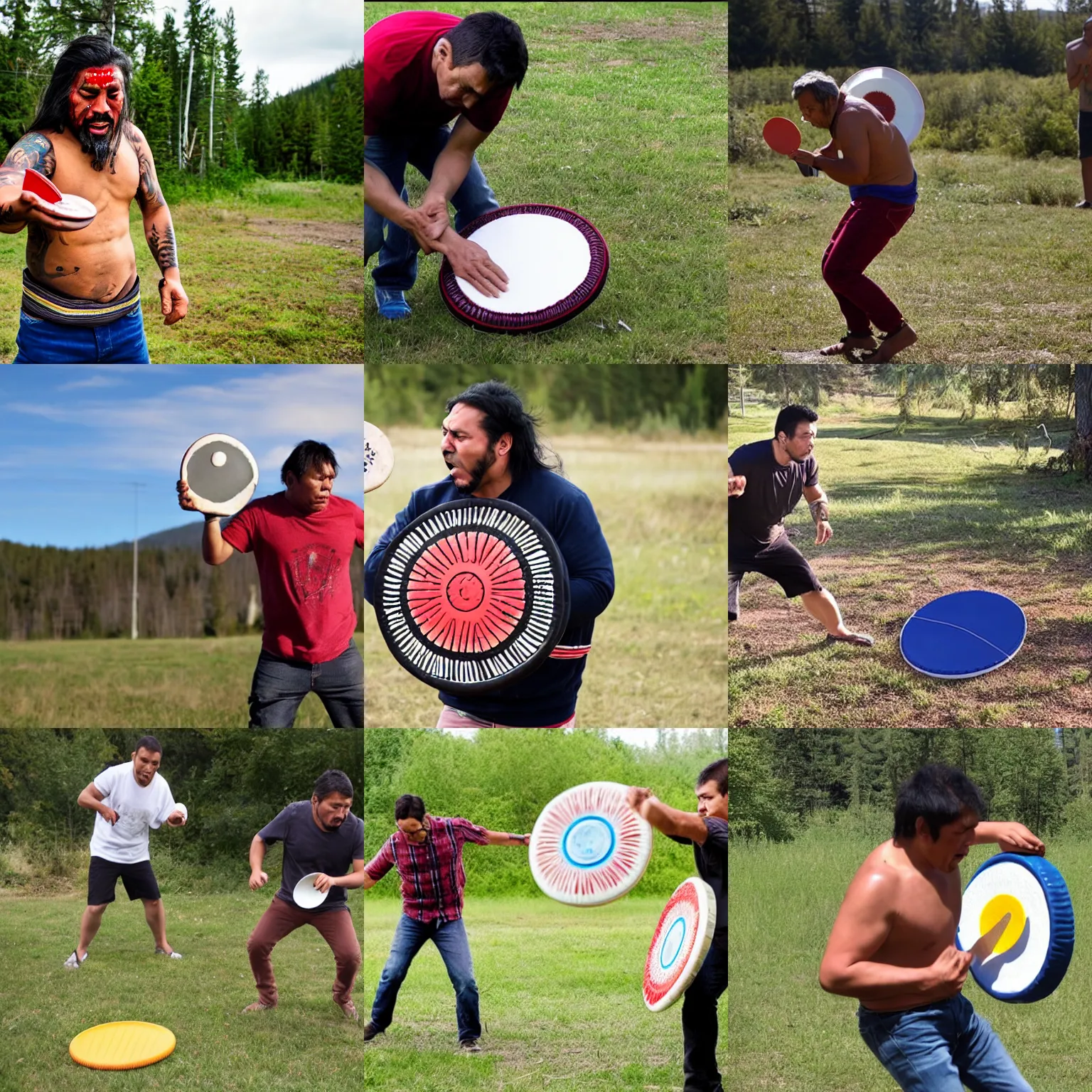 Prompt: angry first nations man snapping breaking frisbee in half destroying frisbee angrily