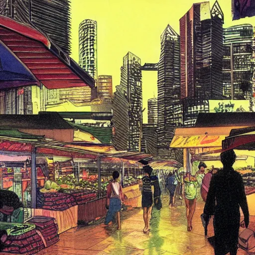 Image similar to concept art of a singaporean wet market at night, by moebius