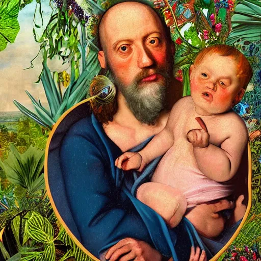 Prompt: hyperdetailed father with a beautiful child, with an halo of overgrown maximalist plants. mixed media collage, in the style of Caravaggio. vibrant pastel tones matte background HD 8x sharp finish