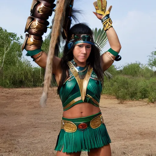 Prompt: long shot photo a Caucasian female amazon warrior with malachite armour