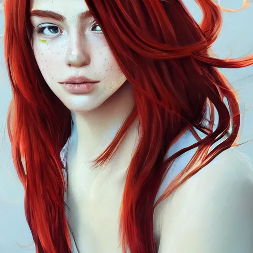 Image similar to portrait of a teen girl with freckles with long red hair and bright brown eyes, 8 k, highly detailed, digital painting, artstation, sharp focus, illustration