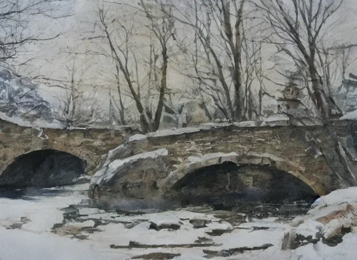 Prompt: watercolor of rustic stone bridge winter landscape, glistering, high detailed art by dennis miller bunker, work by anders zorn, wonderful masterpiece by greg rutkowski, beautiful cinematic light, american romanticism by greg manchess, creation by tyler edlin