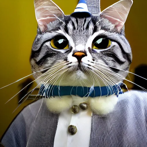 Prompt: a photo of a mackerel cat dressed as a wizard. Highly detailed photorealistic