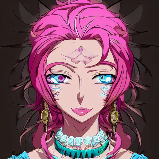 Prompt: stunningly beautiful omnipotent megalomaniacal anime goddess with porcelain skin, pink hair and mesmerizing cyan eyes, symmetrical perfect face smiling in a haughty way, mid view, hyperdetailed, 2 d, 8 k