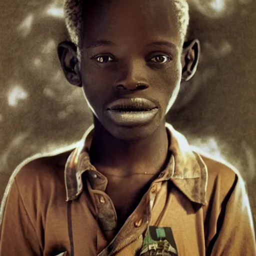 Prompt: portrait of a young african boy, screenshot from the movie tank girl, by jamie hewlett and roger ballen, monocrome,