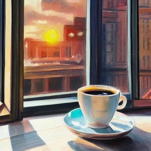 Image similar to “ photorealistic painting of a breakfast table with a steaming cup of coffee and a newspaper. the window behind it shows a colorful neighborhood with sun shining in the window ”