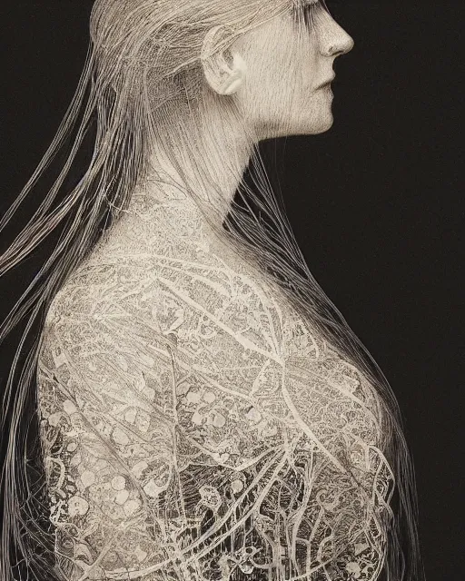 Image similar to a woman's face in profile, long flowing hair entwined in intricate decorative lace leaf skeleton, in the style of the dutch masters and gregory crewdson, dark and moody