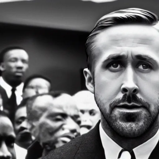Image similar to a still of ryan gosling playing martin luther king in a biopic surrounded by civil rights leaders, 4 k, film footage, highly detailed, screencap