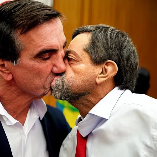 Prompt: photo of Jair Bolsonaro kissing Lula