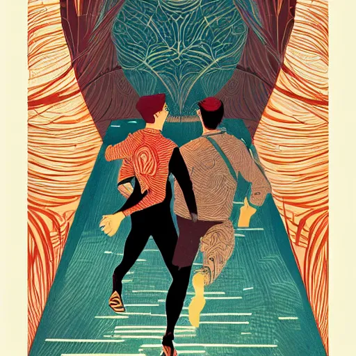 Prompt: a drawing of two men running together, a poster by victo ngai, pixiv contest winner, art nouveau, official art, wiccan, tarot card