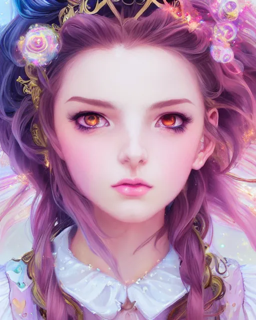 Image similar to portrait of magical lolita girl, dreamy and ethereal, expressive pose, big gold eyes, exciting expression, fantasy, intricate, elegant, many rainbow bubbles, rose tones, highly detailed, digital painting, artstation, concept art, cyberpunk wearing, smooth, sharp focus, illustration, art by artgerm and greg rutkowskiand alphonse mucha