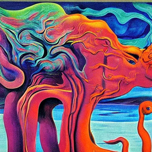 Image similar to madness creature, fluid, smooth, organic, crazy, bright, colours, tumours, high contrast, sharpness, dramatic, very detailed, intricate, by dali and magritte and edvard munch and da vinci