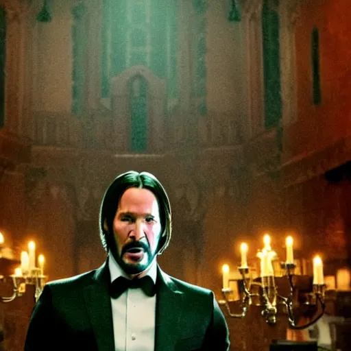 Image similar to cinematic still of John Wick singing on stage holding a Bible in John Wick (2009). loud singing. church choir behind. heavenly lighting. shallow depth of field, cinematic