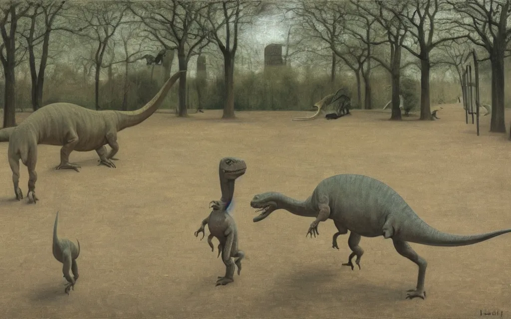 Image similar to a painting of a dinosaur in a zoo, in spring, oil on canvas, by hammershoi