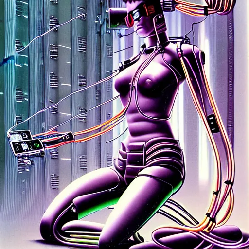 Image similar to a detailed airbrush cyberpunk illustration of a female android seated on the floor in a tech labor, seen from the side with her body open showing cables and wires coming out, by masamune shirow, hajime sorayama, boris vallejo and katsuhiro otomo, japan, 1980s, dark, colorful