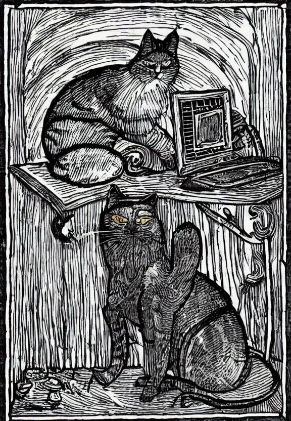 Image similar to [Dark medieval illustration of a cat watching youtube on a computer]