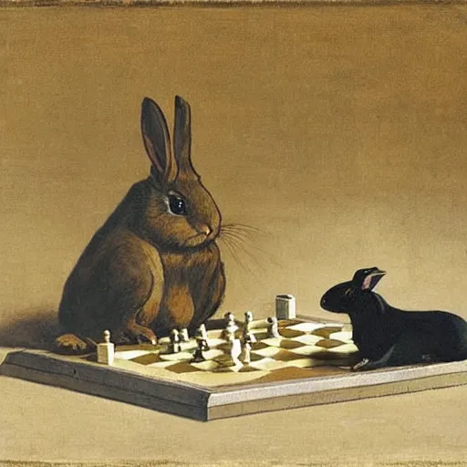 Image similar to a rabbit and a guinea pig playing chess, in the style of ilya repin